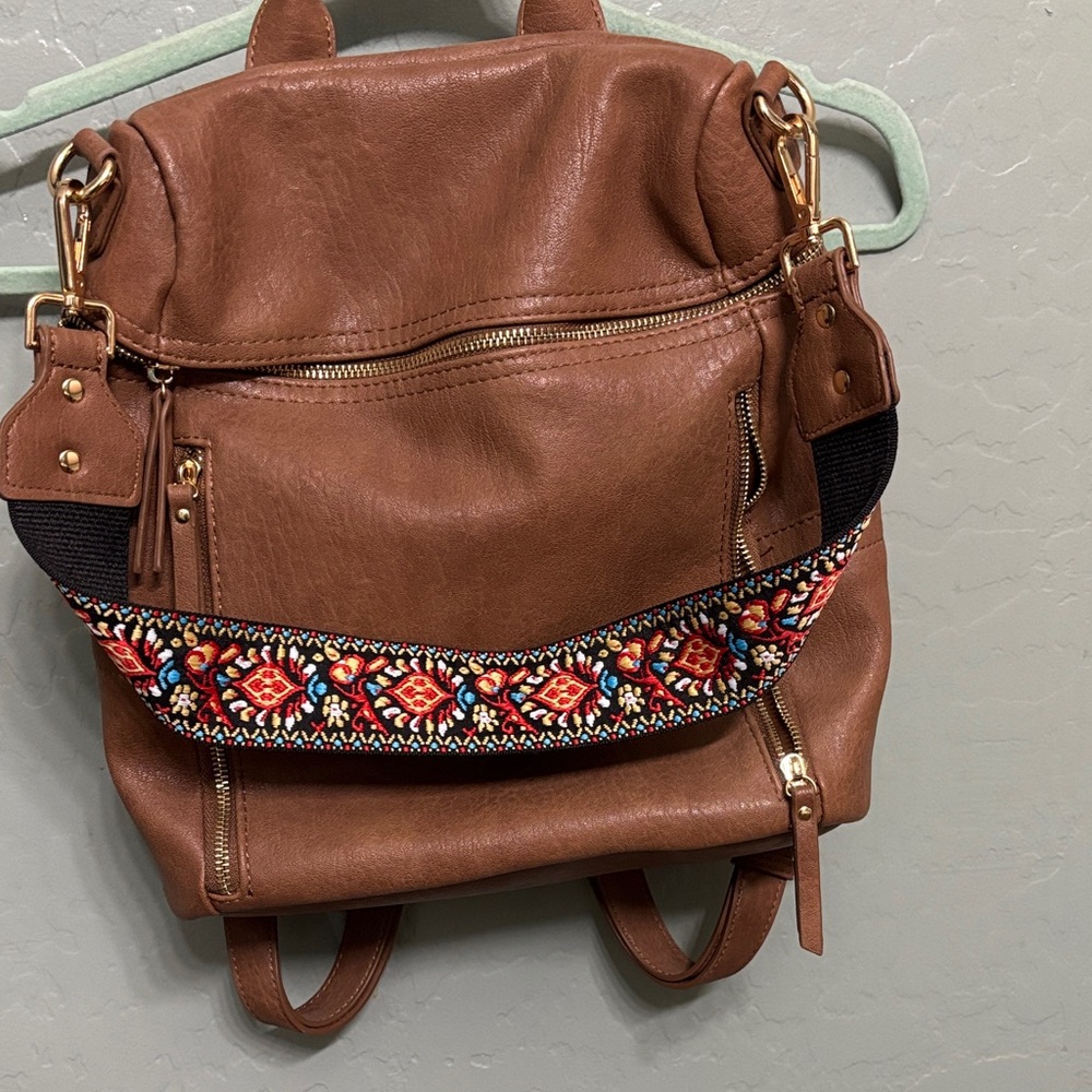 Brown Faux Leather Women's Backpack with Embroidered Strap